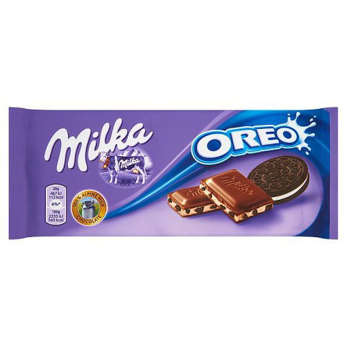 Milka Oreo chocolate bar packaging on a white background