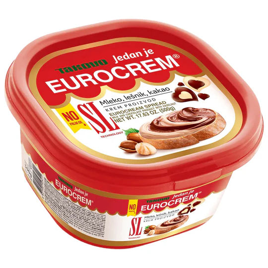 EUROCREM cream spread container with red lid and white body on a white background