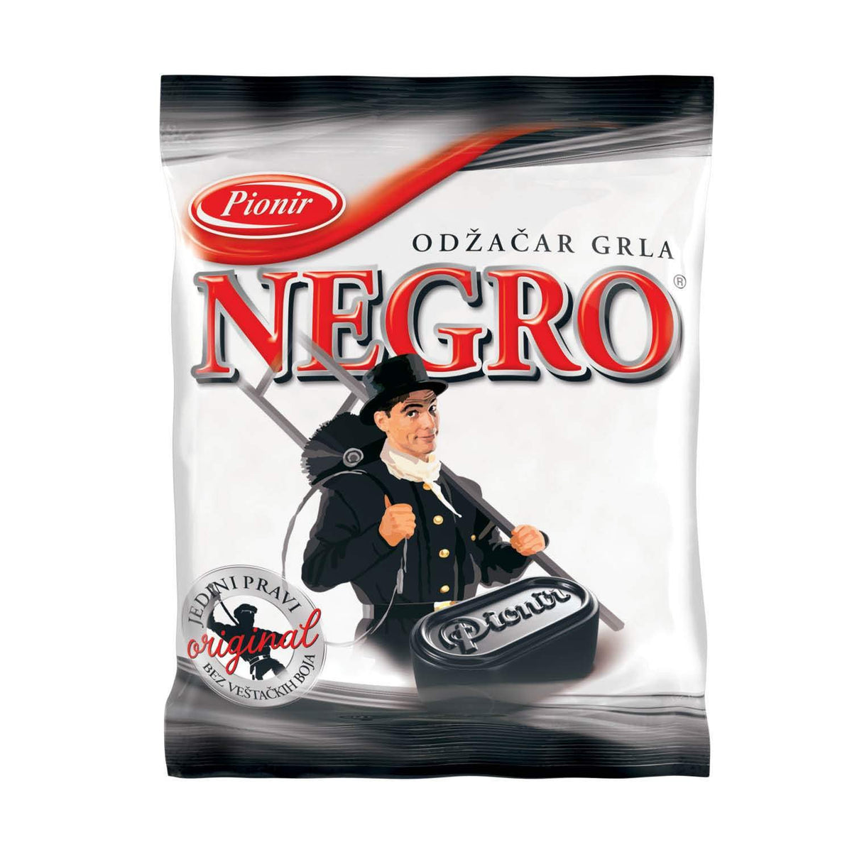 Packaging of Pionir Negro throat lozenge with a character holding a lozenge on a white background