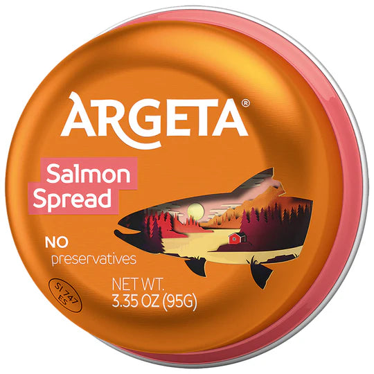 Container of Argeta Salmon Spread with a scenic design on an orange background