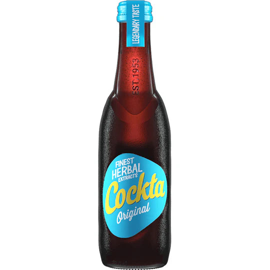 Bottle of 'Cockta' with a blue label on a white background
