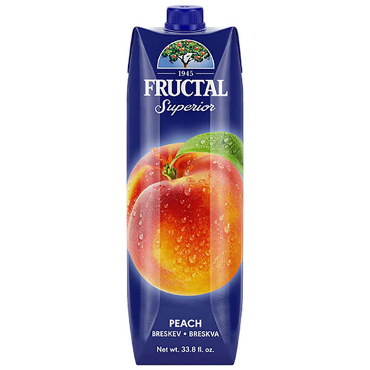 Fructal peach juice box with a blue label and peach illustration on a white background