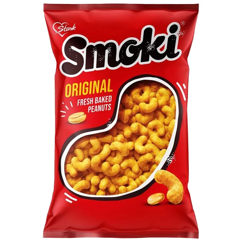 A bag of Smoki Original Fresh Baked Peanuts on a plain white background. The packaging is bright red with the brand name 'Smoki' in large white letters with a black outline, and a clear window showing the golden-brown peanuts inside.